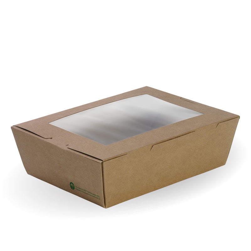 Large lunch box with window - 197 x 140 x 64mm - printed kraft-look [200 PER CARTON]
