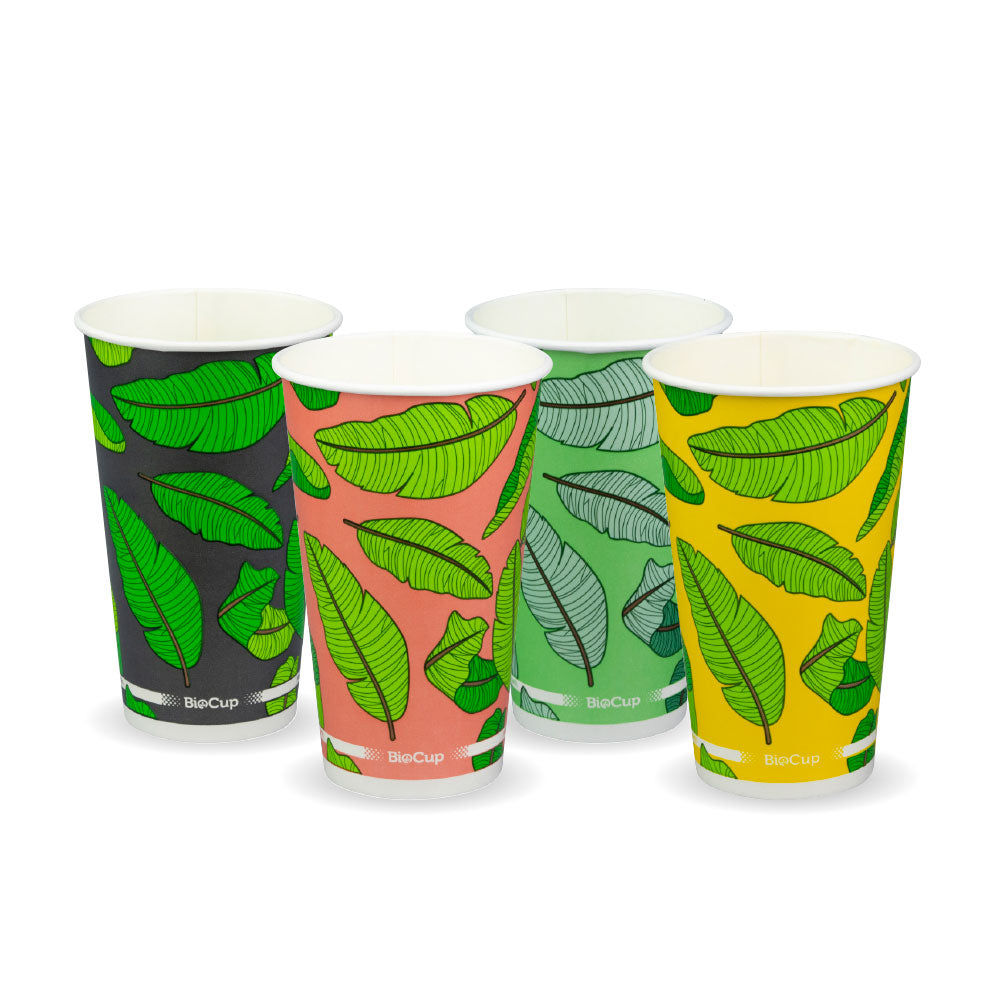 500ml / 16oz (90mm) cold paper cup - mixed colour leaf designs [1000 PER CARTON]
