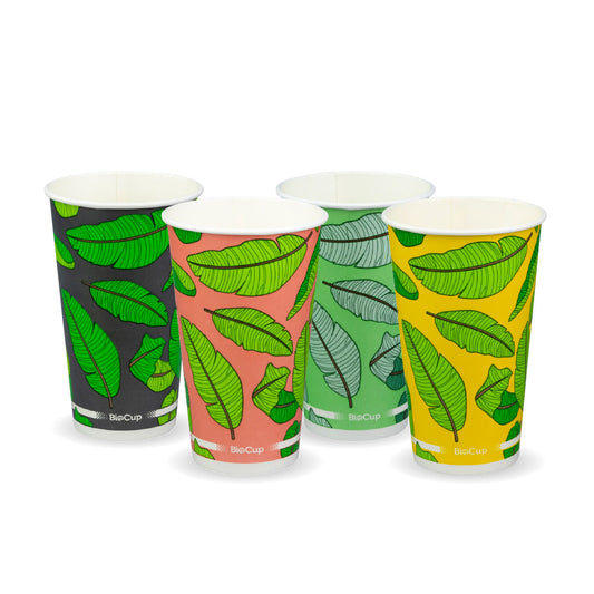 500ml / 16oz (90mm) cold paper cup - mixed colour leaf designs [1000 PER CARTON]