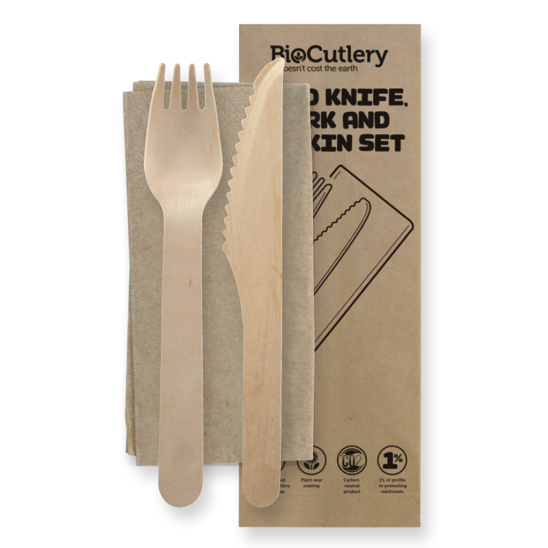 19cm coated knife fork and napkin set FSC 100% - wood