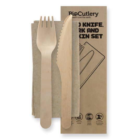 19cm coated knife fork and napkin set FSC 100% - wood