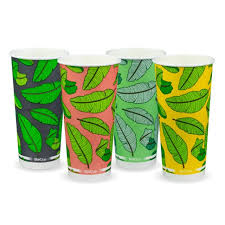650ml / 22oz (90mm) cold paper cup - mixed colour leaf designs [1000 PER CARTON]