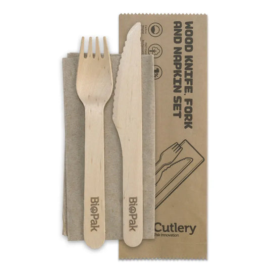 16cm coated knife fork and napkin set FSC 100% - wood