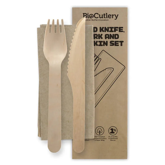 16cm knife fork and napkin set FSC 100% - wood