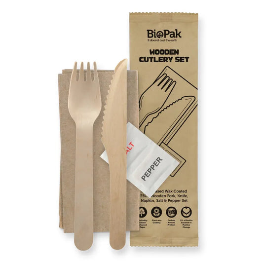 16 cm coated knife fork napkin salt & pepper set - wood